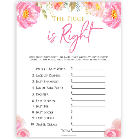 Pink blush floral baby shower price is right game, printable baby games, baby shower games, blush baby shower, floral baby games, girl baby shower ideas, pink baby shower ideas, floral baby games, popular baby games, fun baby games