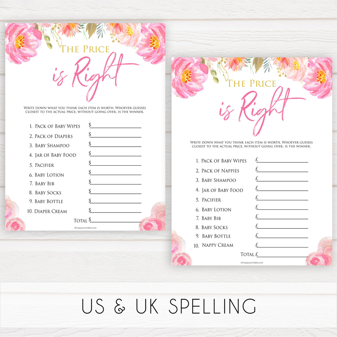 Pink blush floral baby shower price is right game, printable baby games, baby shower games, blush baby shower, floral baby games, girl baby shower ideas, pink baby shower ideas, floral baby games, popular baby games, fun baby games