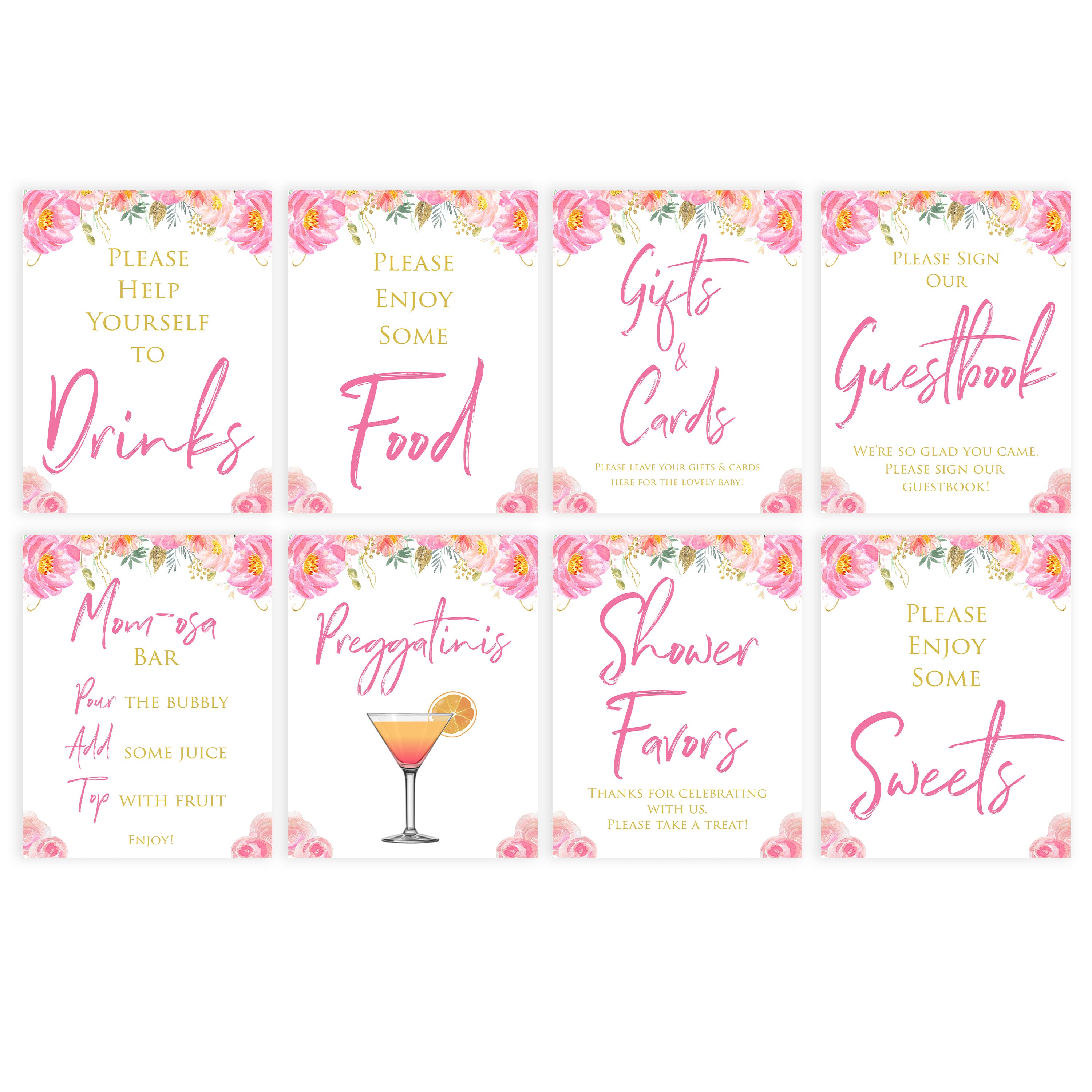 8 baby shower signs, 8 baby table signs, Blush floral baby decor, printable baby table signs, printable baby decor, gold table signs, fun baby signs, floral fun baby table signs