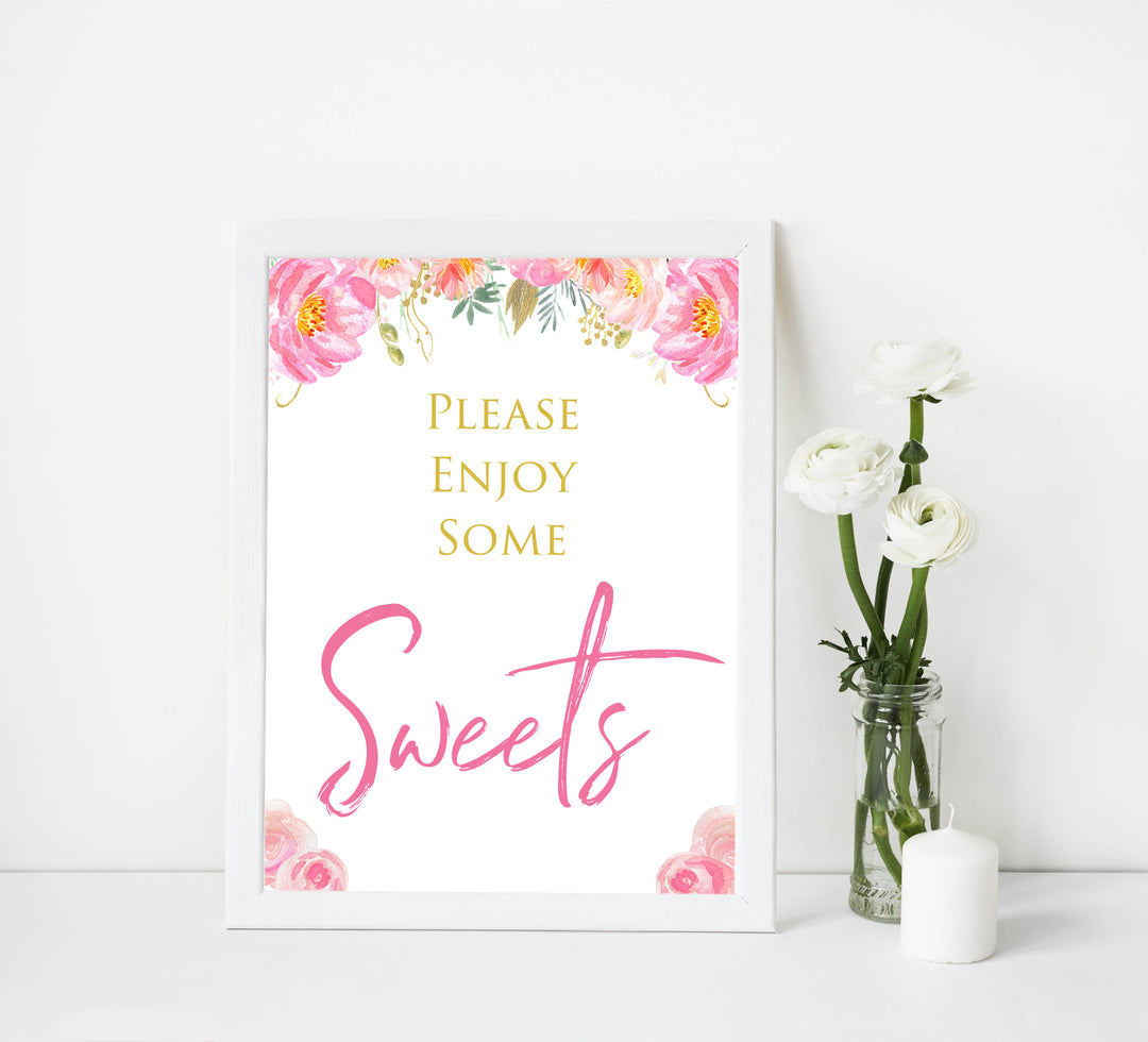 sweets baby table signs, sweets baby decor,  Blush floral baby decor, printable baby table signs, printable baby decor, gold table signs, fun baby signs, floral fun baby table signs