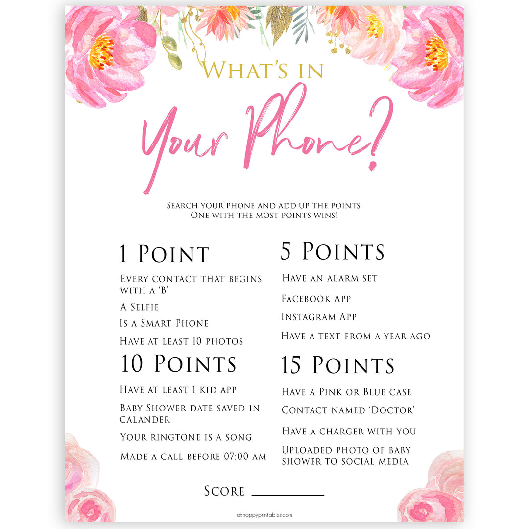 Pink blush floral baby shower whats in your phone game, printable baby games, baby shower games, blush baby shower, floral baby games, girl baby shower ideas, pink baby shower ideas, floral baby games, popular baby games, fun baby games