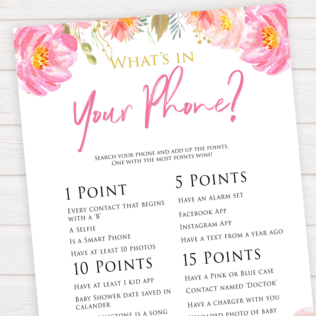 Pink blush floral baby shower whats in your phone game, printable baby games, baby shower games, blush baby shower, floral baby games, girl baby shower ideas, pink baby shower ideas, floral baby games, popular baby games, fun baby games