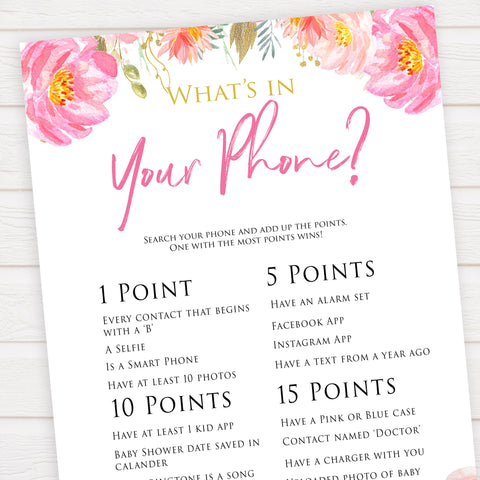 Pink blush floral baby shower whats in your phone game, printable baby games, baby shower games, blush baby shower, floral baby games, girl baby shower ideas, pink baby shower ideas, floral baby games, popular baby games, fun baby games