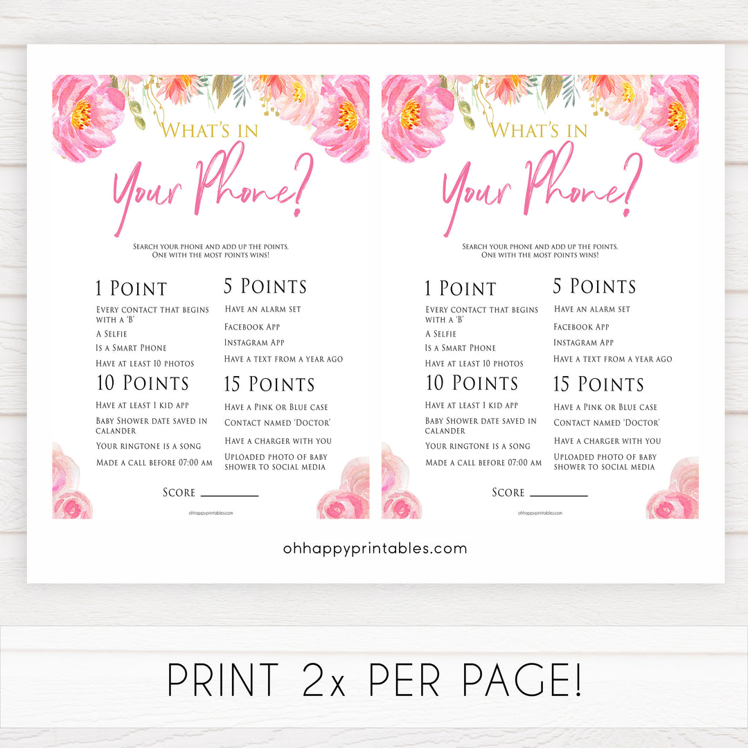 Pink blush floral baby shower whats in your phone game, printable baby games, baby shower games, blush baby shower, floral baby games, girl baby shower ideas, pink baby shower ideas, floral baby games, popular baby games, fun baby games