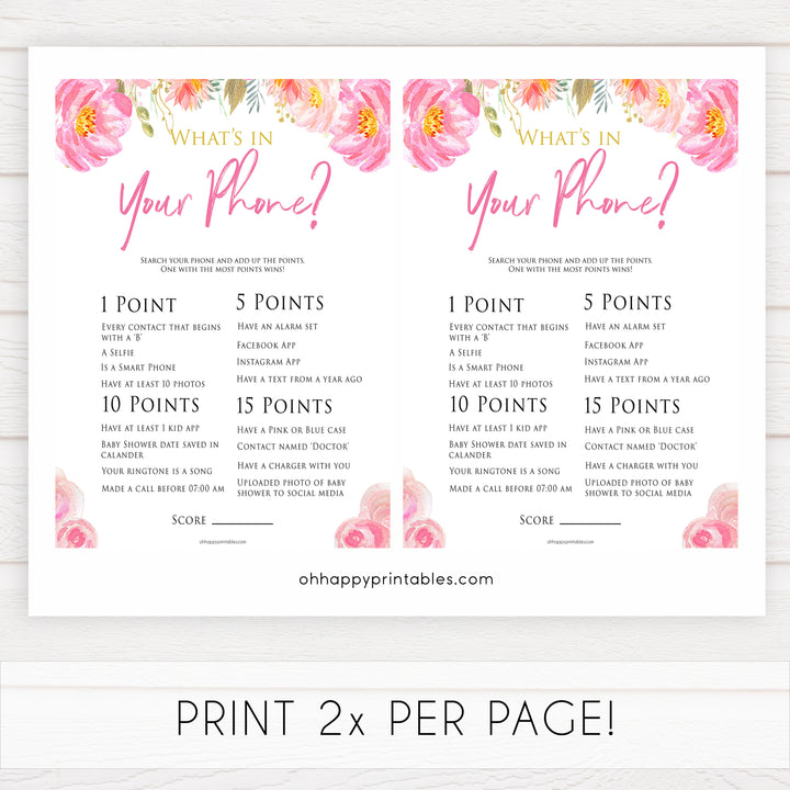 Pink blush floral baby shower whats in your phone game, printable baby games, baby shower games, blush baby shower, floral baby games, girl baby shower ideas, pink baby shower ideas, floral baby games, popular baby games, fun baby games