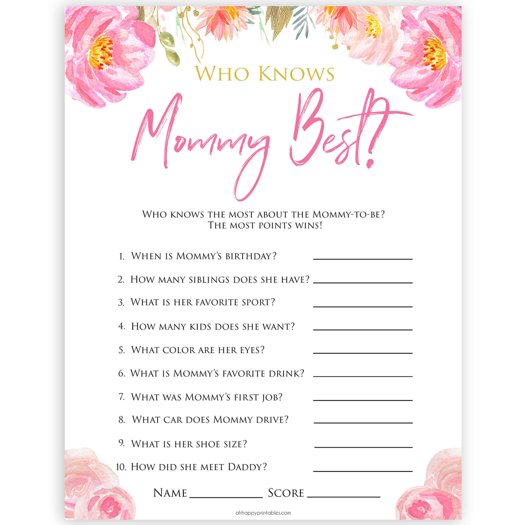 Pink blush floral baby shower who knows mommy best, who knows mummy best game, printable baby games, baby shower games, blush baby shower, floral baby games, girl baby shower ideas, pink baby shower ideas, floral baby games, popular baby games, fun baby games