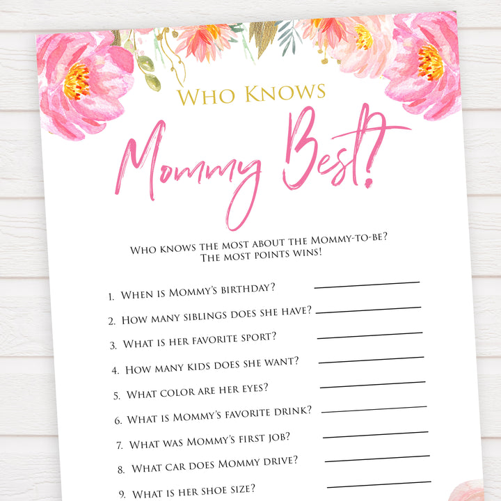 Pink blush floral baby shower who knows mommy best, who knows mummy best game, printable baby games, baby shower games, blush baby shower, floral baby games, girl baby shower ideas, pink baby shower ideas, floral baby games, popular baby games, fun baby games