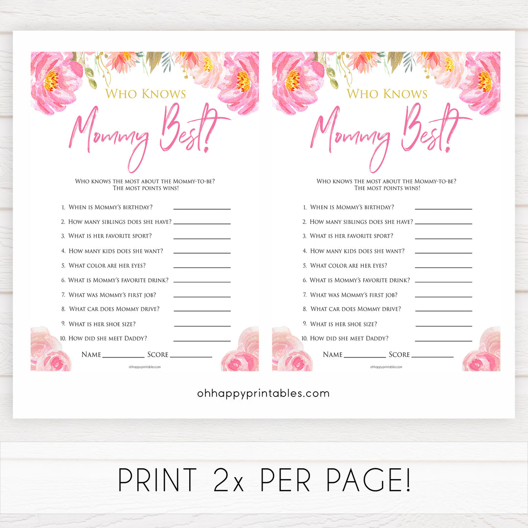 Pink blush floral baby shower who knows mommy best, who knows mummy best game, printable baby games, baby shower games, blush baby shower, floral baby games, girl baby shower ideas, pink baby shower ideas, floral baby games, popular baby games, fun baby games
