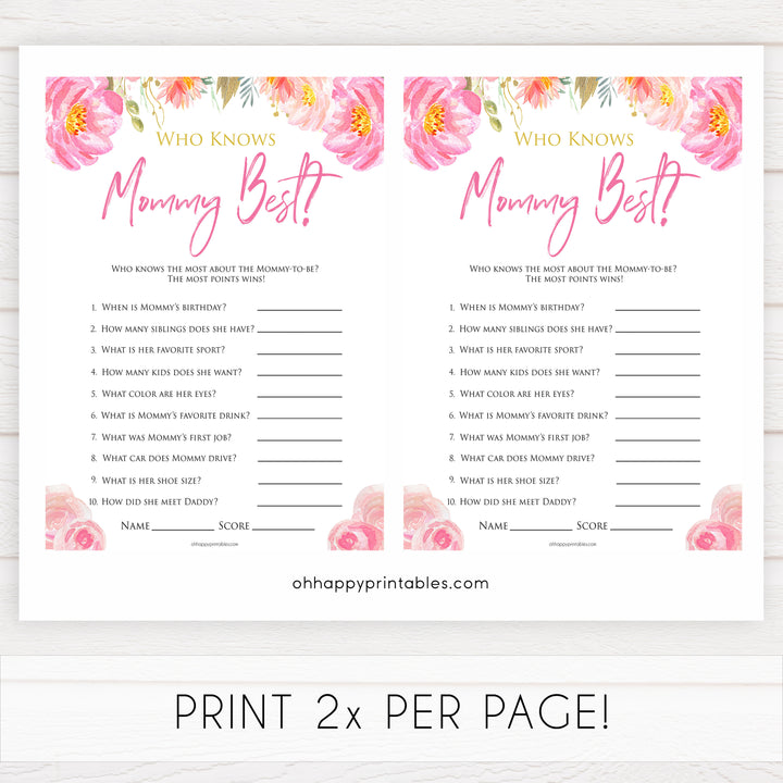 Pink blush floral baby shower who knows mommy best, who knows mummy best game, printable baby games, baby shower games, blush baby shower, floral baby games, girl baby shower ideas, pink baby shower ideas, floral baby games, popular baby games, fun baby games