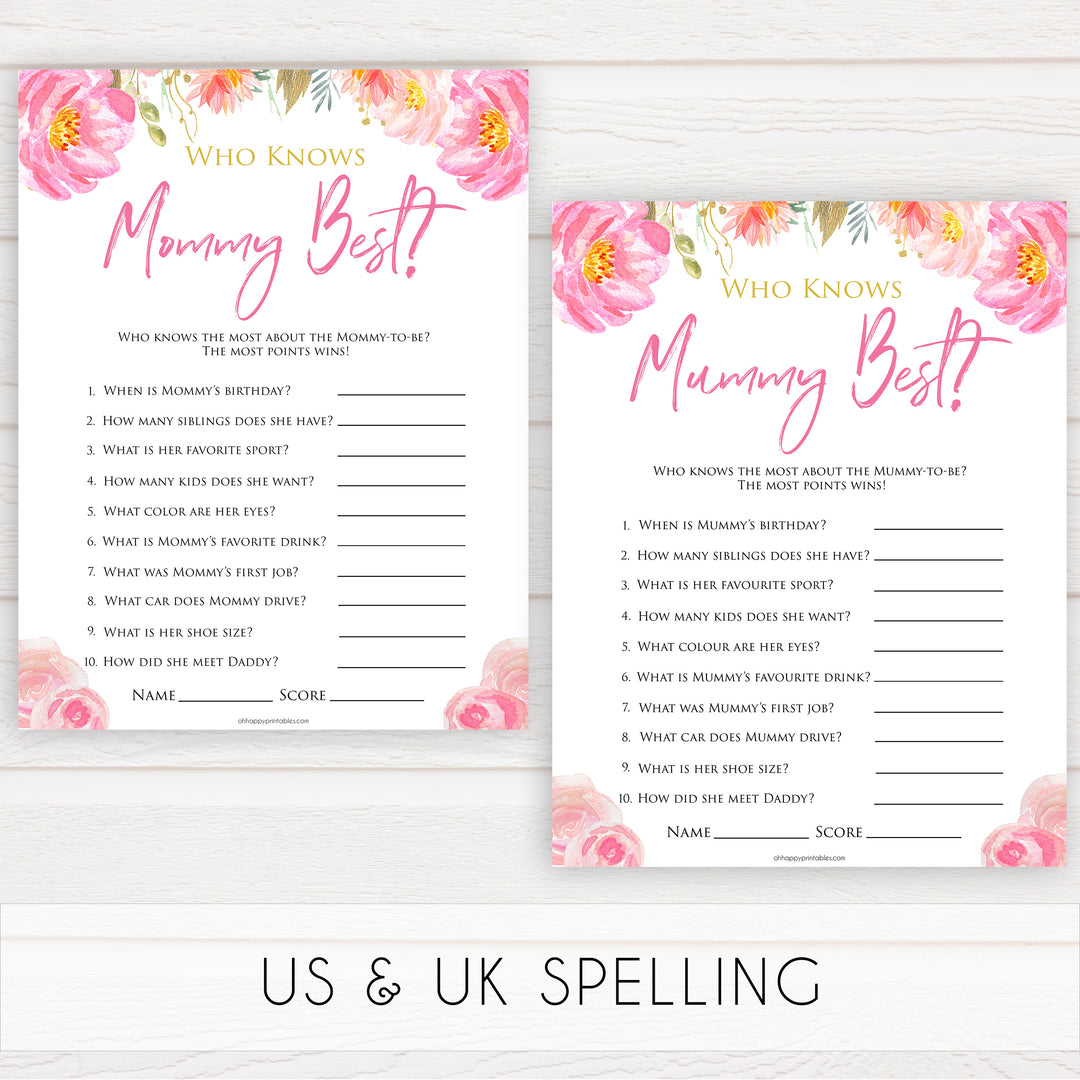 Pink blush floral baby shower who knows mommy best, who knows mummy best game, printable baby games, baby shower games, blush baby shower, floral baby games, girl baby shower ideas, pink baby shower ideas, floral baby games, popular baby games, fun baby games