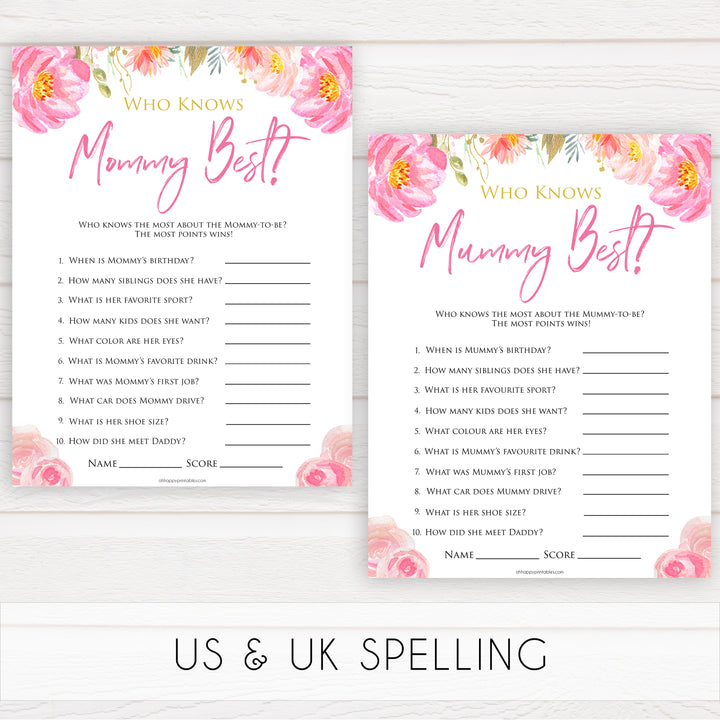 Pink blush floral baby shower who knows mommy best, who knows mummy best game, printable baby games, baby shower games, blush baby shower, floral baby games, girl baby shower ideas, pink baby shower ideas, floral baby games, popular baby games, fun baby games