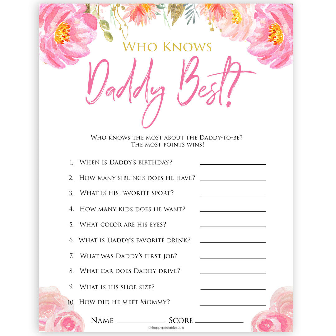 Pink blush floral baby shower who knows daddy best game, printable baby games, baby shower games, blush baby shower, floral baby games, girl baby shower ideas, pink baby shower ideas, floral baby games, popular baby games, fun baby games