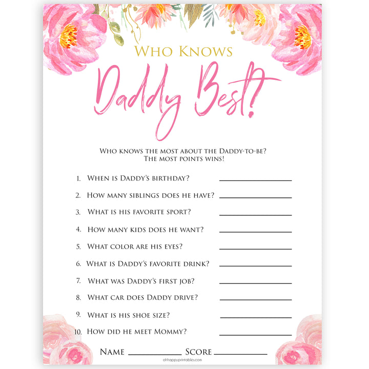 Pink blush floral baby shower who knows daddy best game, printable baby games, baby shower games, blush baby shower, floral baby games, girl baby shower ideas, pink baby shower ideas, floral baby games, popular baby games, fun baby games