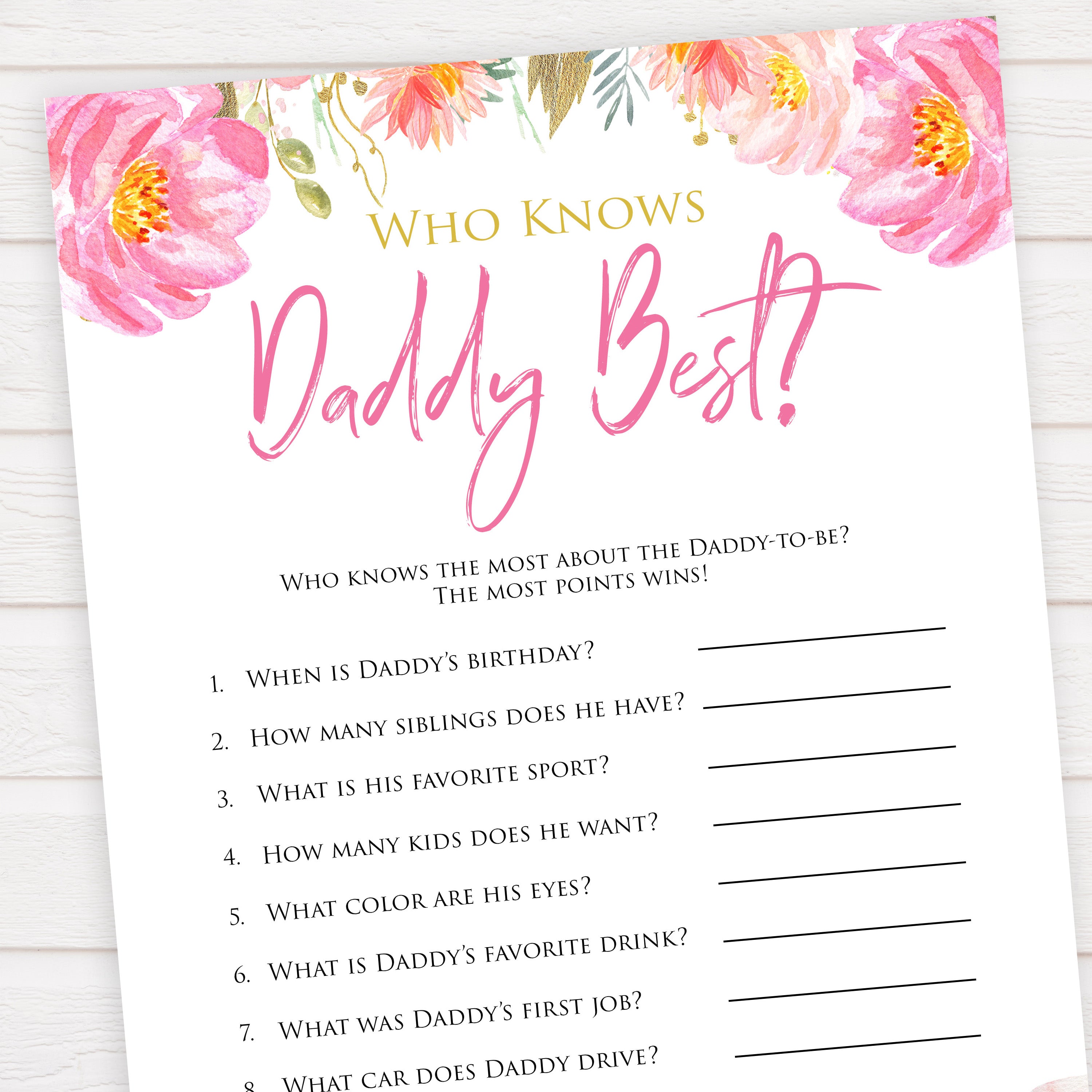 Pink blush floral baby shower who knows daddy best game, printable baby games, baby shower games, blush baby shower, floral baby games, girl baby shower ideas, pink baby shower ideas, floral baby games, popular baby games, fun baby games
