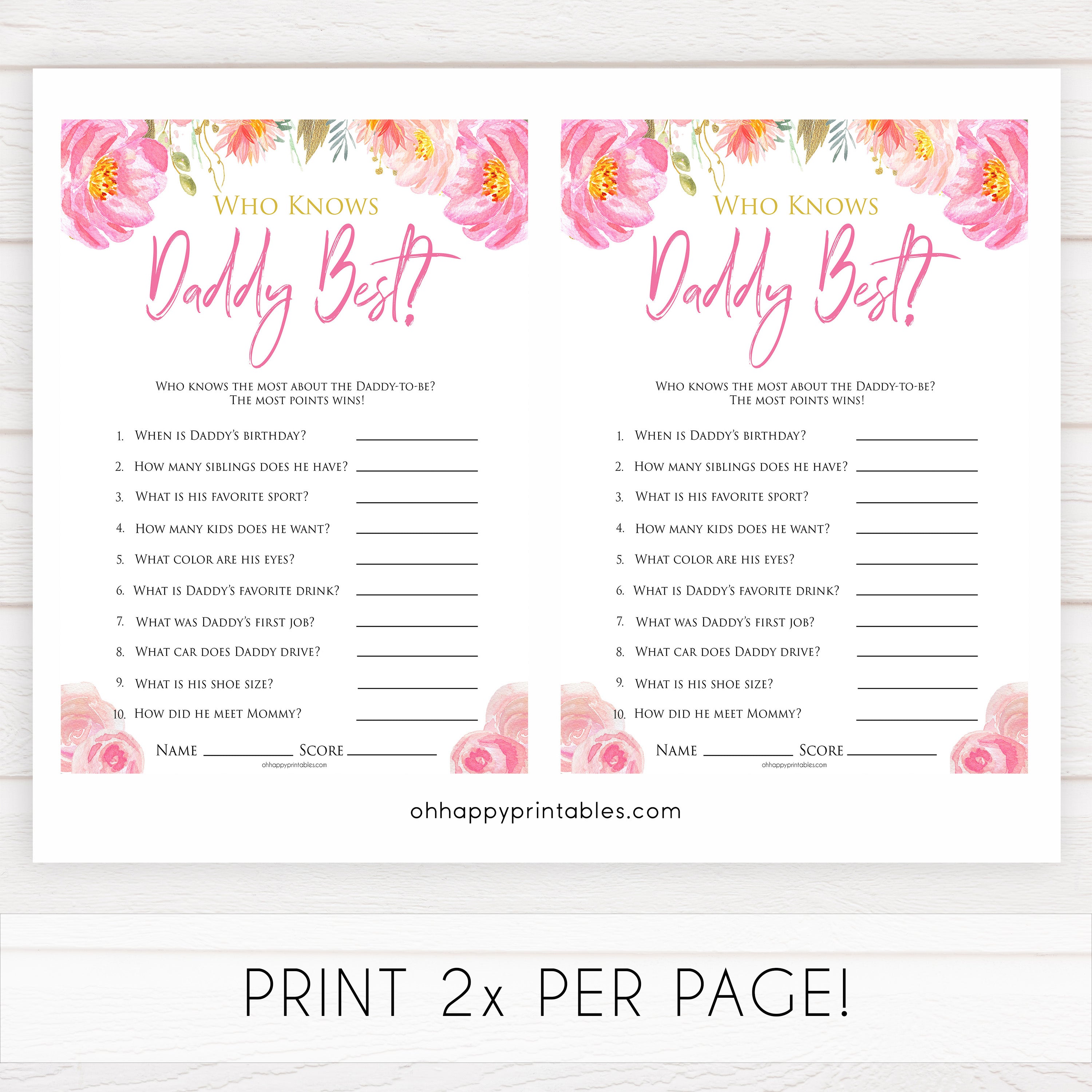 Pink blush floral baby shower who knows daddy best game, printable baby games, baby shower games, blush baby shower, floral baby games, girl baby shower ideas, pink baby shower ideas, floral baby games, popular baby games, fun baby games