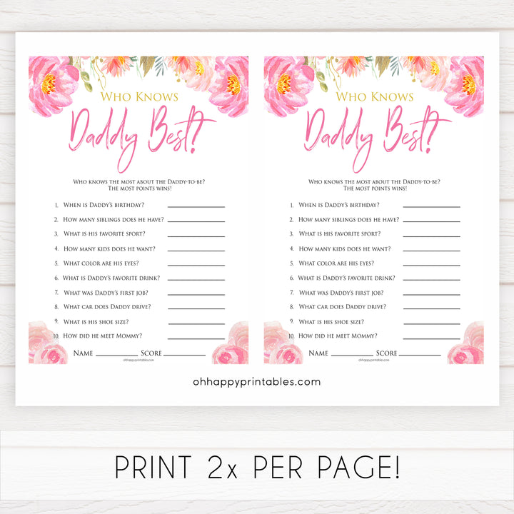 Pink blush floral baby shower who knows daddy best game, printable baby games, baby shower games, blush baby shower, floral baby games, girl baby shower ideas, pink baby shower ideas, floral baby games, popular baby games, fun baby games