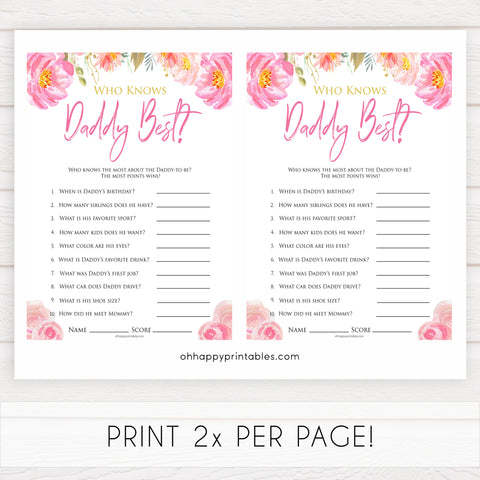 Pink blush floral baby shower who knows daddy best game, printable baby games, baby shower games, blush baby shower, floral baby games, girl baby shower ideas, pink baby shower ideas, floral baby games, popular baby games, fun baby games