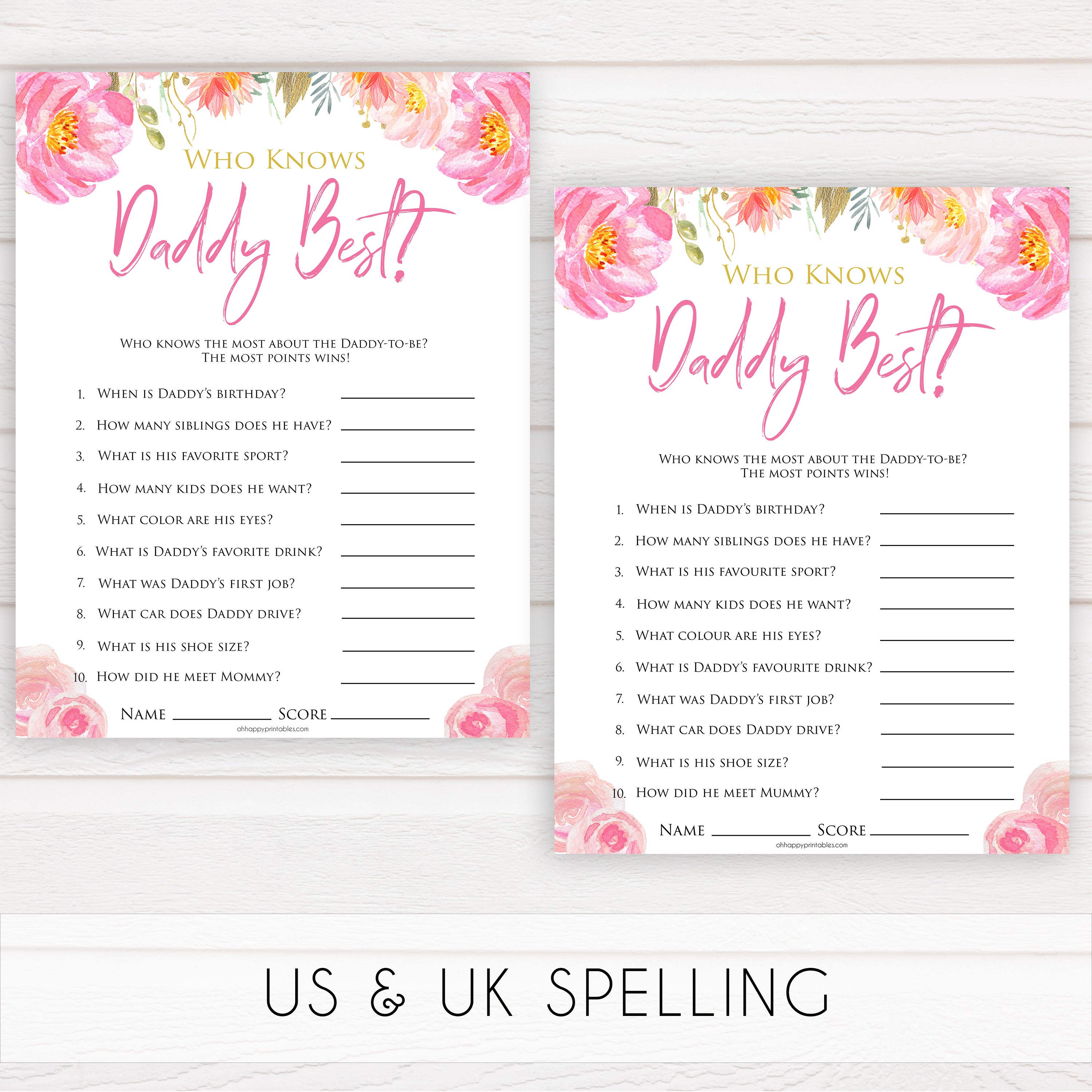 Pink blush floral baby shower who knows daddy best game, printable baby games, baby shower games, blush baby shower, floral baby games, girl baby shower ideas, pink baby shower ideas, floral baby games, popular baby games, fun baby games