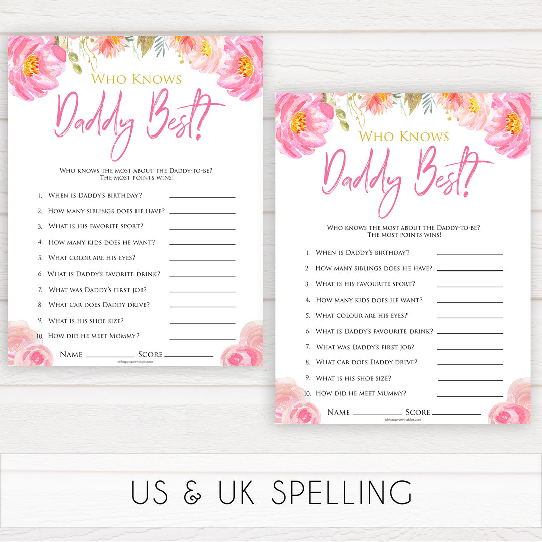Pink blush floral baby shower who knows daddy best game, printable baby games, baby shower games, blush baby shower, floral baby games, girl baby shower ideas, pink baby shower ideas, floral baby games, popular baby games, fun baby games