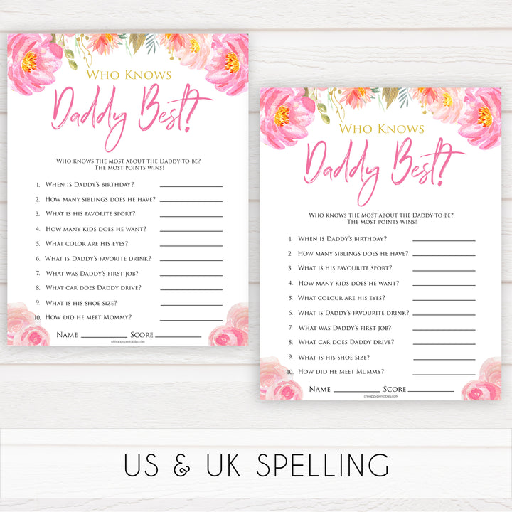 Pink blush floral baby shower who knows daddy best game, printable baby games, baby shower games, blush baby shower, floral baby games, girl baby shower ideas, pink baby shower ideas, floral baby games, popular baby games, fun baby games