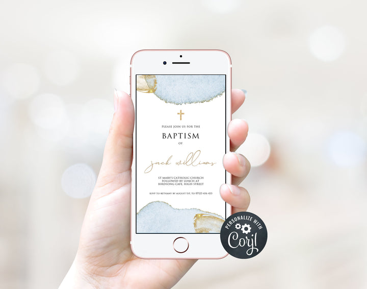 editable baptism invitation, editable baptism invite, blue gold baptism invitation, baptism ideas, blue baptism theme