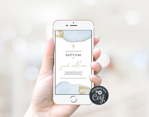 editable baptism invitation, editable baptism invite, blue gold baptism invitation, baptism ideas, blue baptism theme