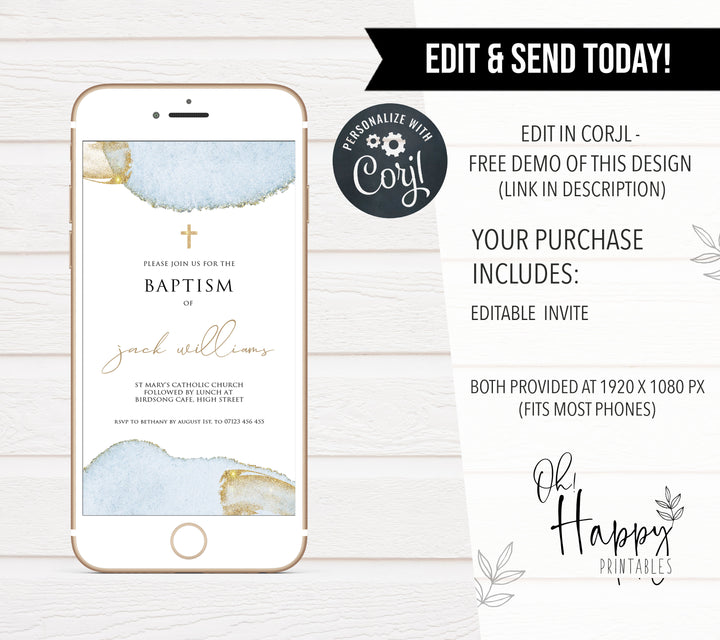 editable baptism invitation, editable baptism invite, blue gold baptism invitation, baptism ideas, blue baptism theme