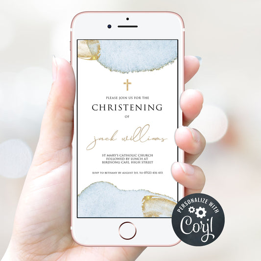 editable mobile christening invitation, editable baptism invitation, editable christening invite, blue gold christening invitation