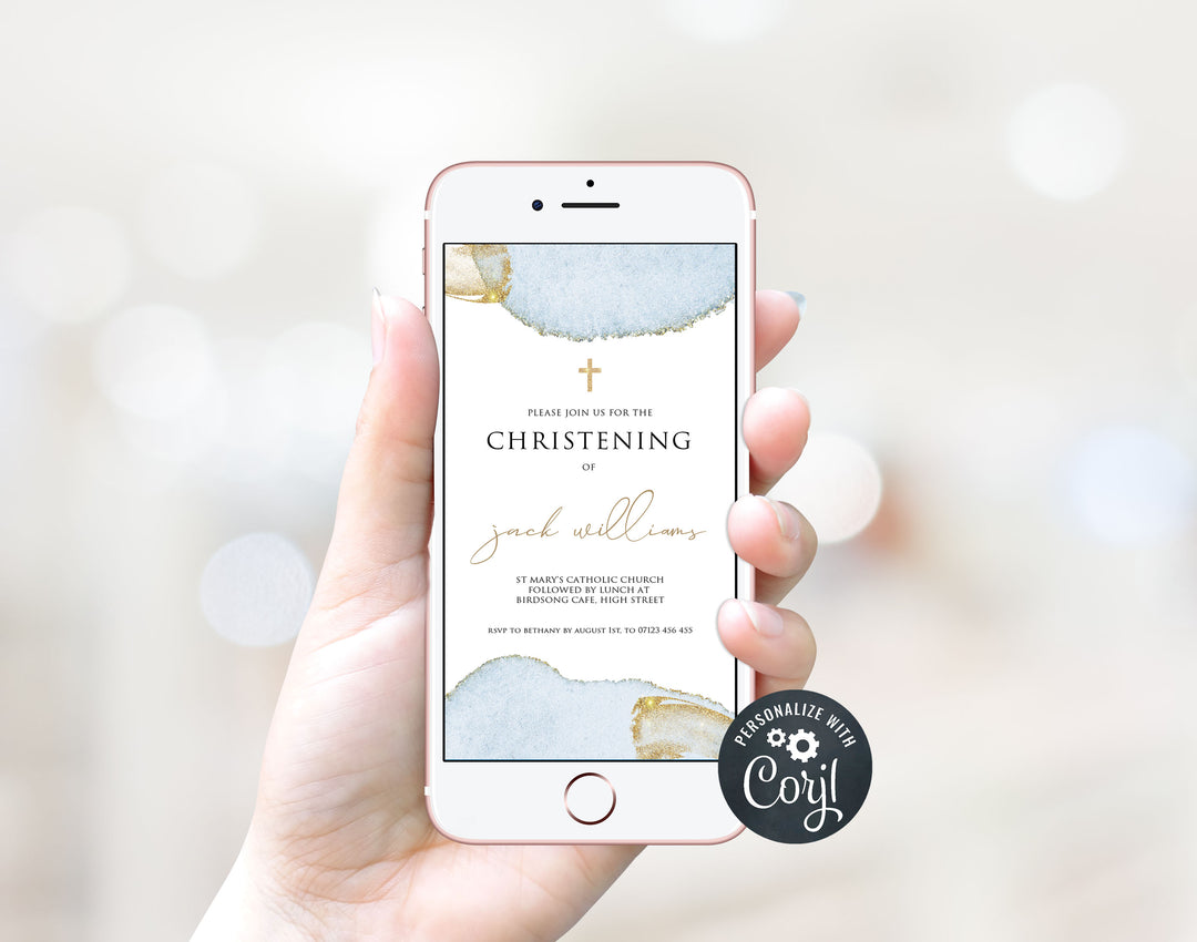 editable mobile christening invitation, editable baptism invitation, editable christening invite, blue gold christening invitation