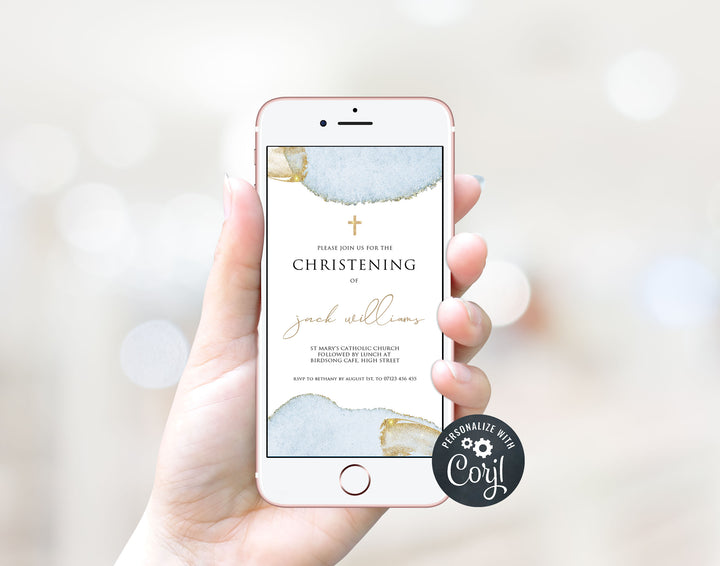 editable mobile christening invitation, editable baptism invitation, editable christening invite, blue gold christening invitation