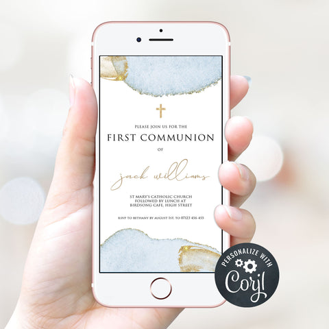 editable first communion invitation, blue gold first communion invitation, editable communion invitation, editable cell phone first communion invitation