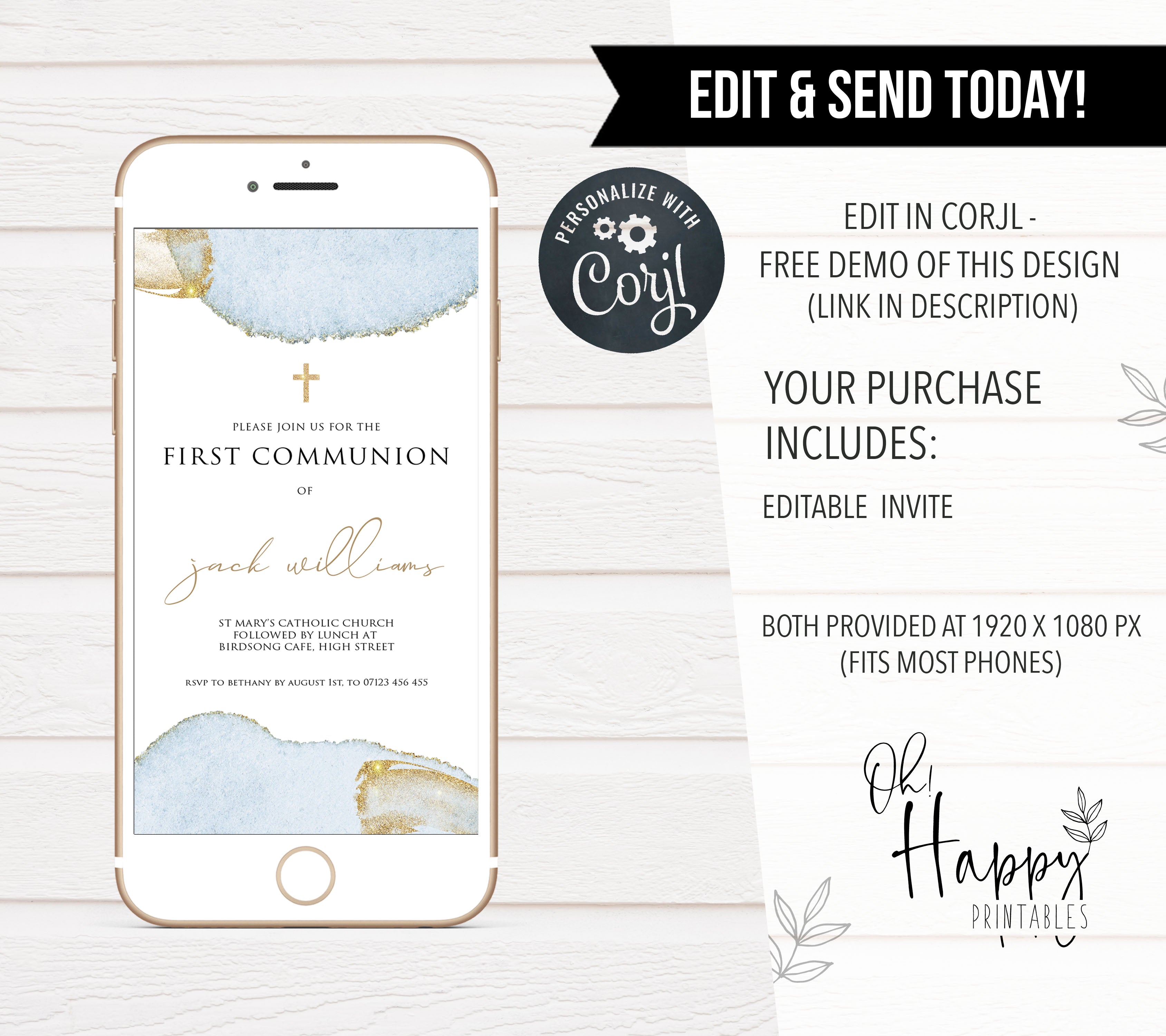 editable first communion invitation, blue gold first communion invitation, editable communion invitation, editable cell phone first communion invitation