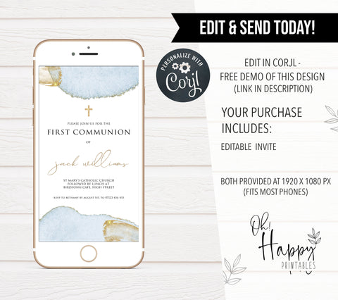 editable first communion invitation, blue gold first communion invitation, editable communion invitation, editable cell phone first communion invitation