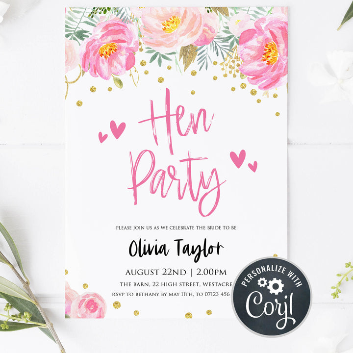 editable hen party invitations, editable bridal invite, blush gold bachelorette invitation, editable bridal shower invitations, corjl invite, bachelorette party invite, floral bridal invite