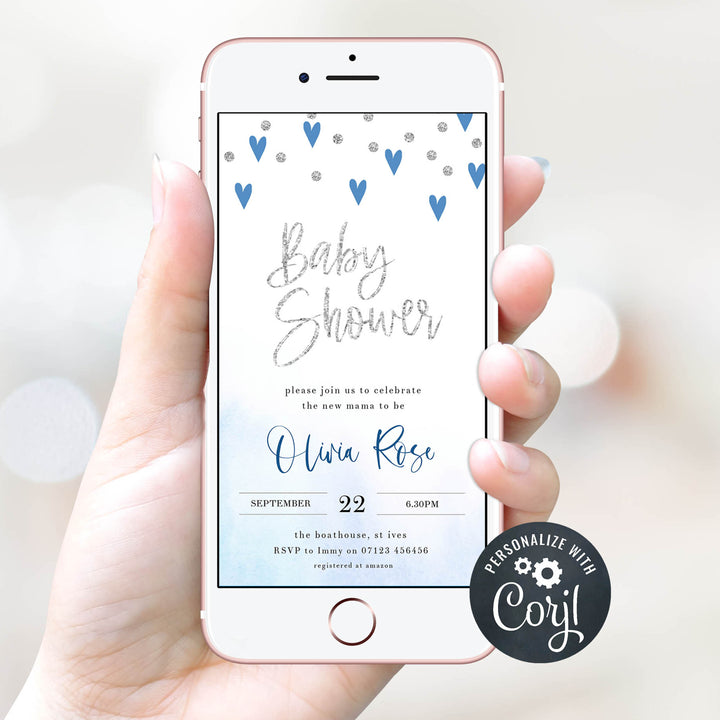 blue hearts baby shower, printable baby shower invitations, editable baby shower invitations, blue hearts baby ideas, boys baby shower invitations