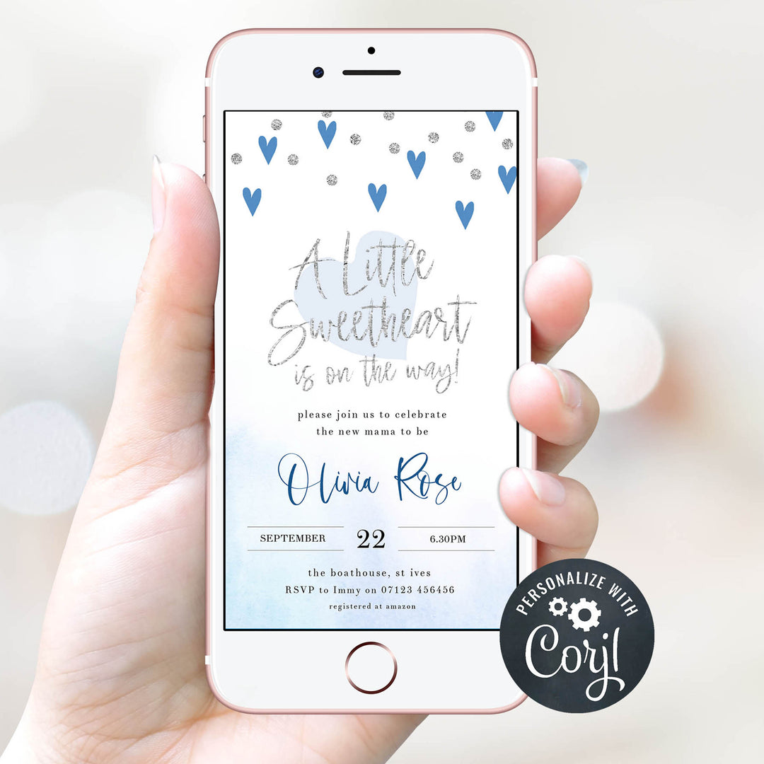 blue hearts baby shower, printable baby shower invitations, editable baby shower invitations, blue hearts baby ideas, boys baby shower invitations