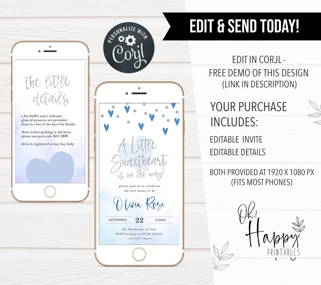 blue hearts baby shower, printable baby shower invitations, editable baby shower invitations, blue hearts baby ideas, boys baby shower invitations