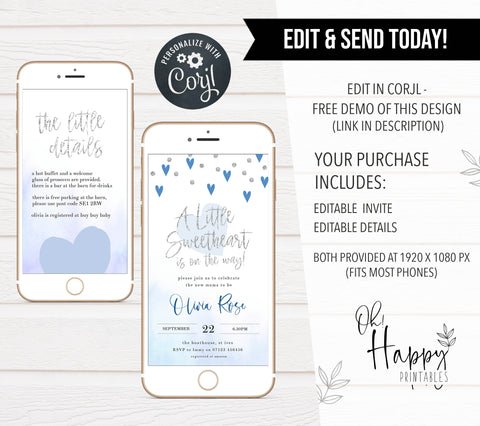 blue hearts baby shower, printable baby shower invitations, editable baby shower invitations, blue hearts baby ideas, boys baby shower invitations