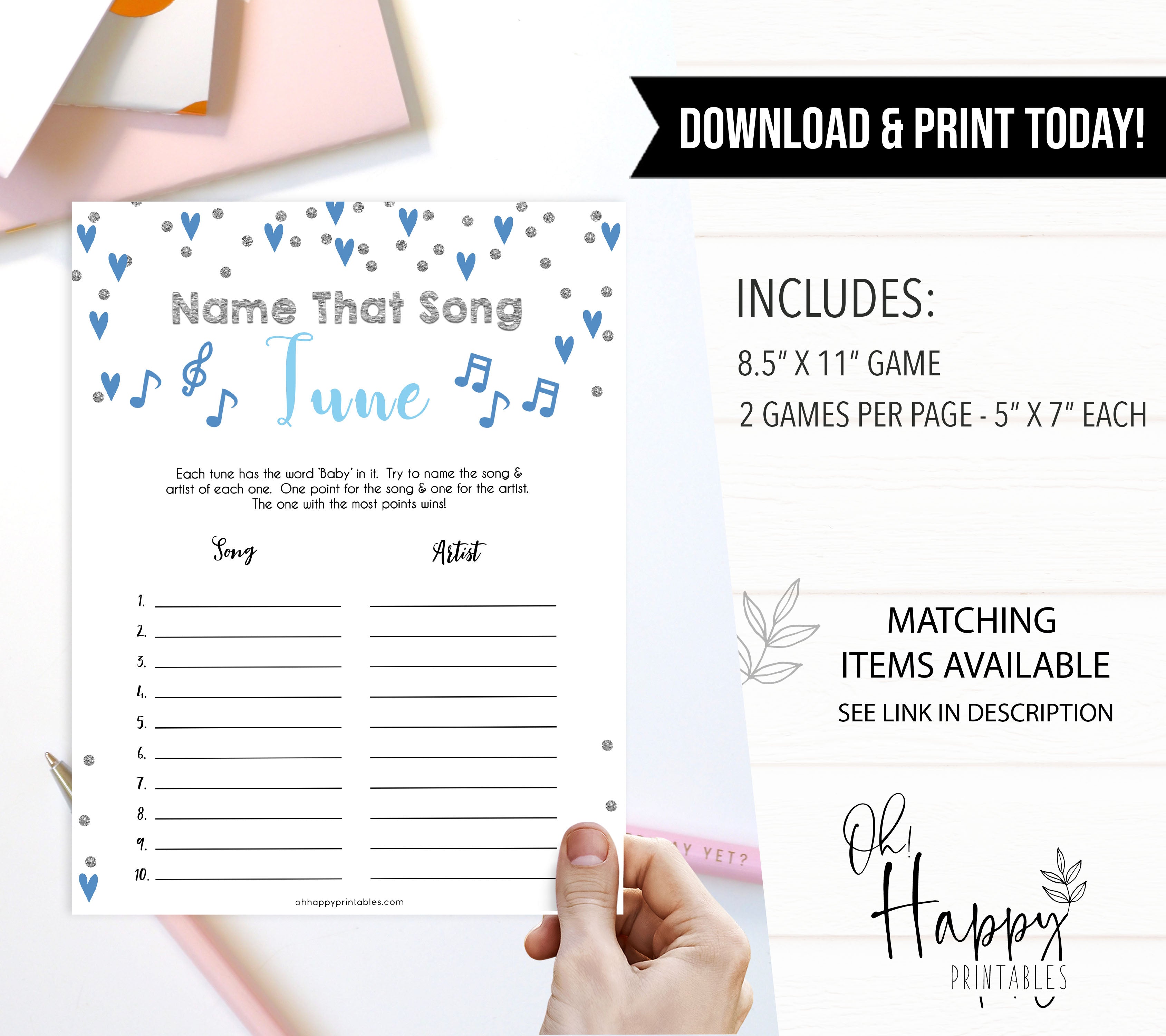 Name That Baby Tune Game, Printable baby shower games, small blue hearts fun baby games, baby shower games, fun baby shower ideas, top baby shower ideas, silver baby shower, blue hearts baby shower ideas