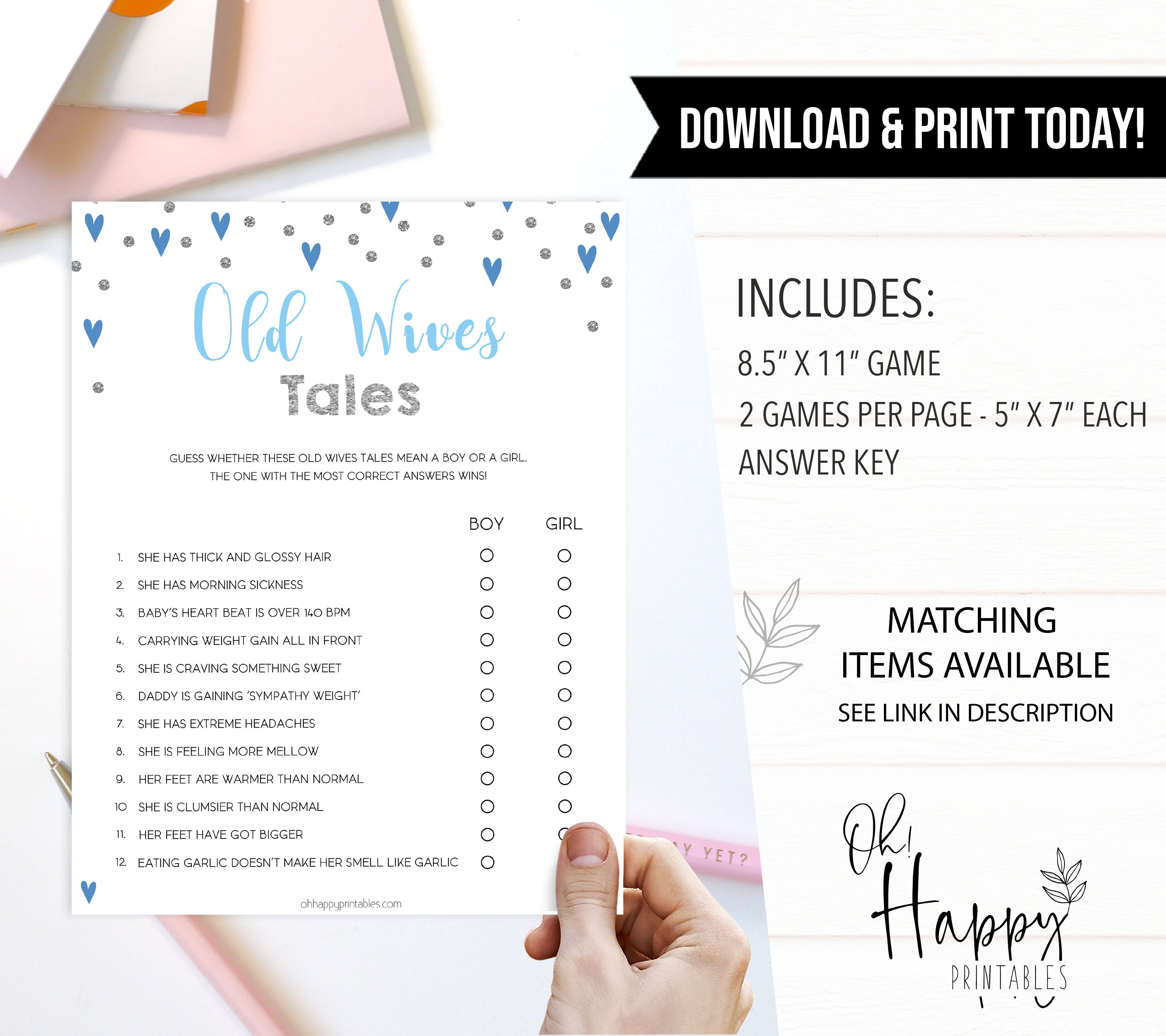 Old Wives Tales Game, Baby Wives Tales, Printable baby shower games, small blue hearts fun baby games, baby shower games, fun baby shower ideas, top baby shower ideas, silver baby shower, blue hearts baby shower ideas