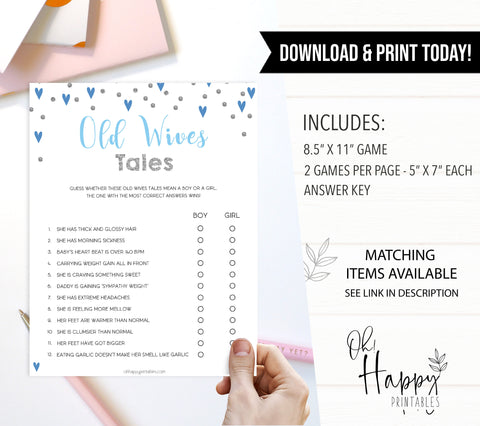Old Wives Tales Game, Baby Wives Tales, Printable baby shower games, small blue hearts fun baby games, baby shower games, fun baby shower ideas, top baby shower ideas, silver baby shower, blue hearts baby shower ideas