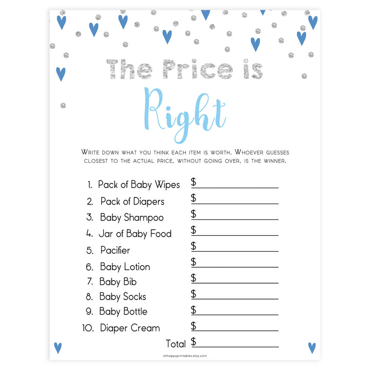 baby price is right game, guess the baby product prices, Printable baby shower games, small blue hearts fun baby games, baby shower games, fun baby shower ideas, top baby shower ideas, silver baby shower, blue hearts baby shower ideas