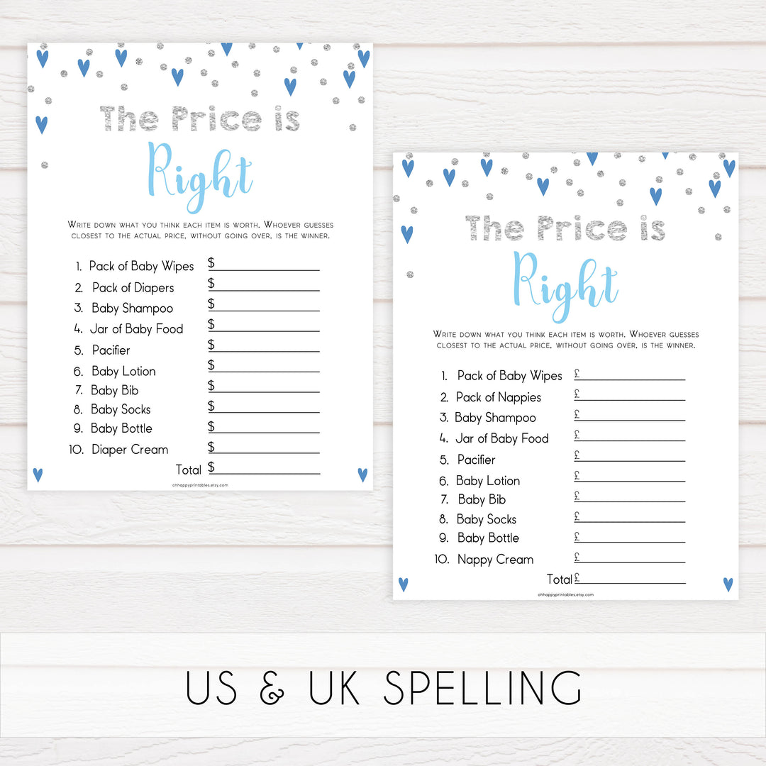 baby price is right game, guess the baby product prices, Printable baby shower games, small blue hearts fun baby games, baby shower games, fun baby shower ideas, top baby shower ideas, silver baby shower, blue hearts baby shower ideas