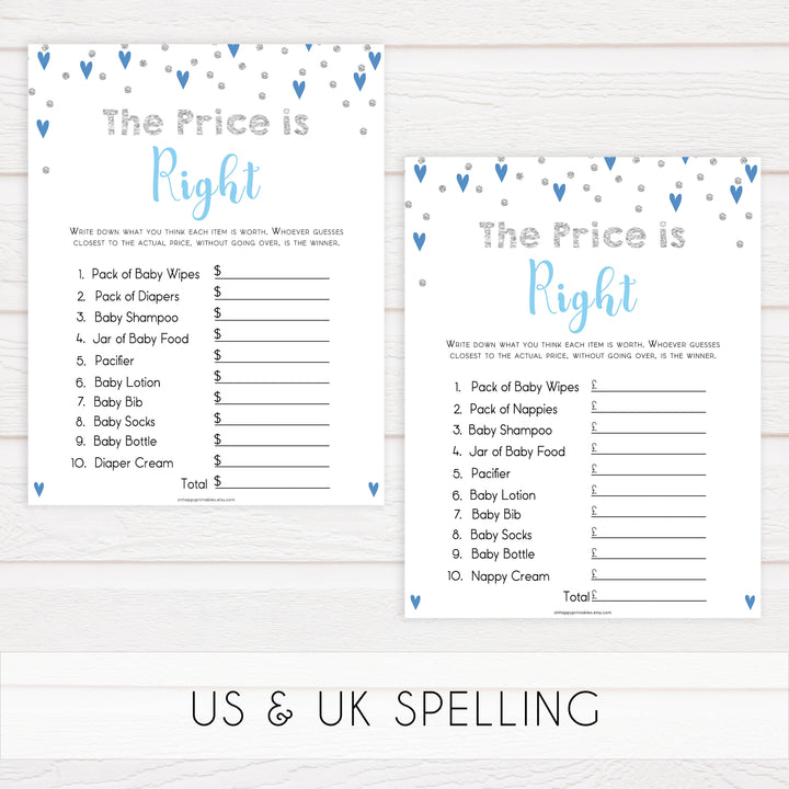baby price is right game, guess the baby product prices, Printable baby shower games, small blue hearts fun baby games, baby shower games, fun baby shower ideas, top baby shower ideas, silver baby shower, blue hearts baby shower ideas
