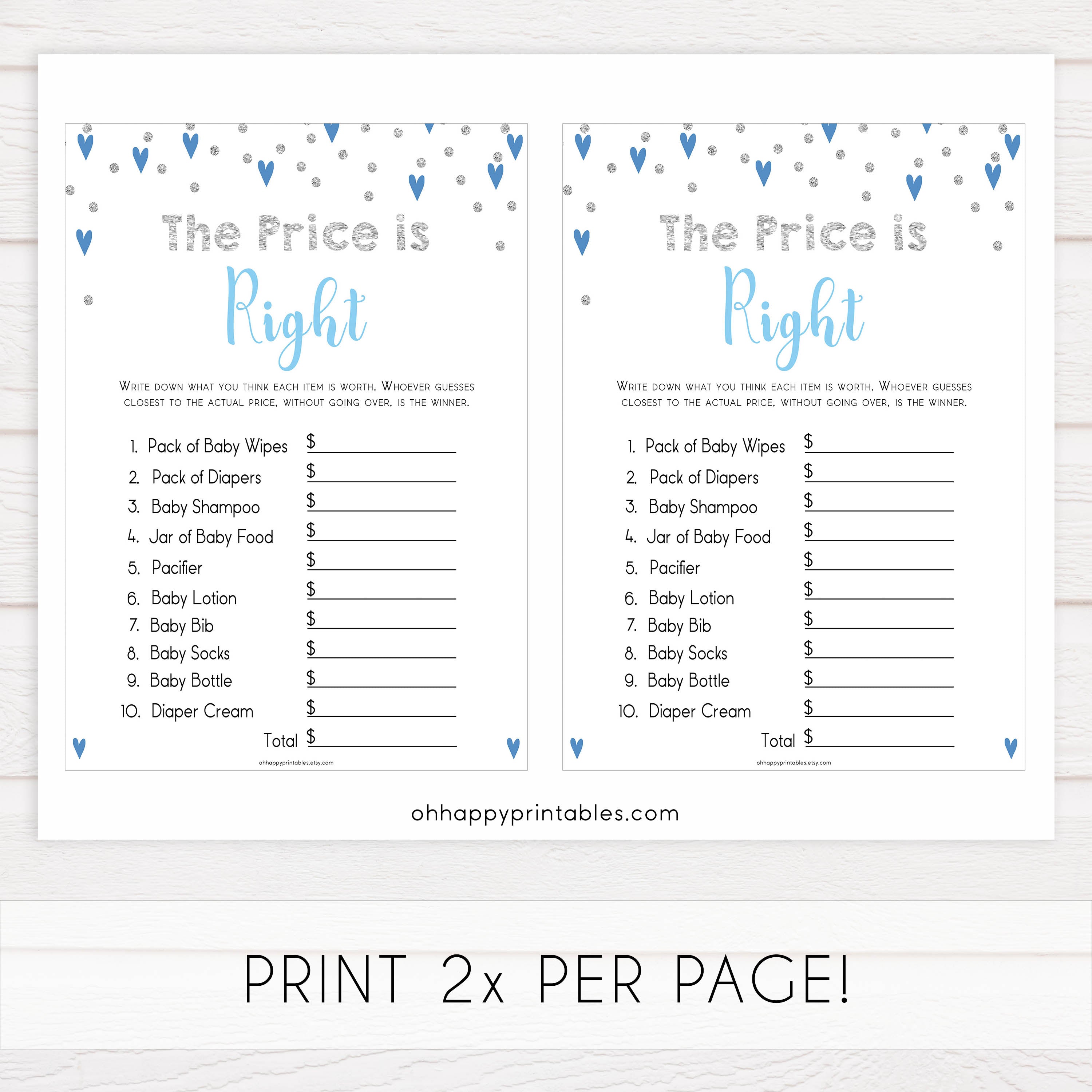 baby price is right game, guess the baby product prices, Printable baby shower games, small blue hearts fun baby games, baby shower games, fun baby shower ideas, top baby shower ideas, silver baby shower, blue hearts baby shower ideas