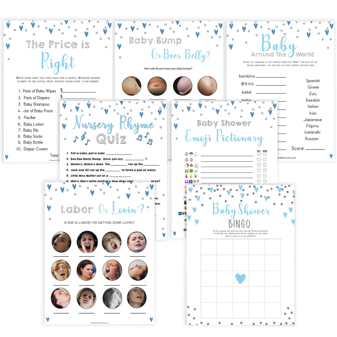 Blue hearts baby games, 7 baby shower games, printable baby games, boy baby games, blue hearts baby shower, top baby games, fun baby games, popular baby games