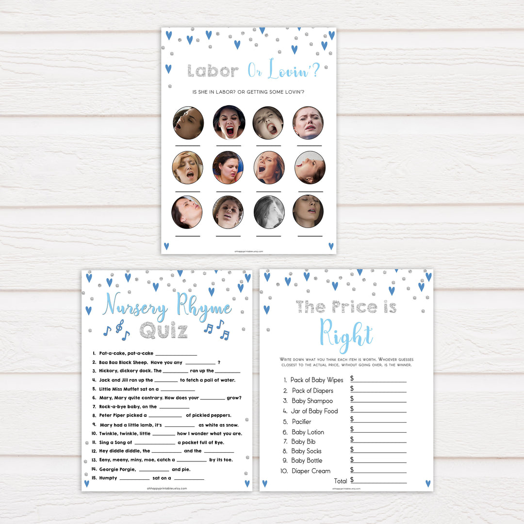 Blue hearts baby games, 7 baby shower games, printable baby games, boy baby games, blue hearts baby shower, top baby games, fun baby games, popular baby games