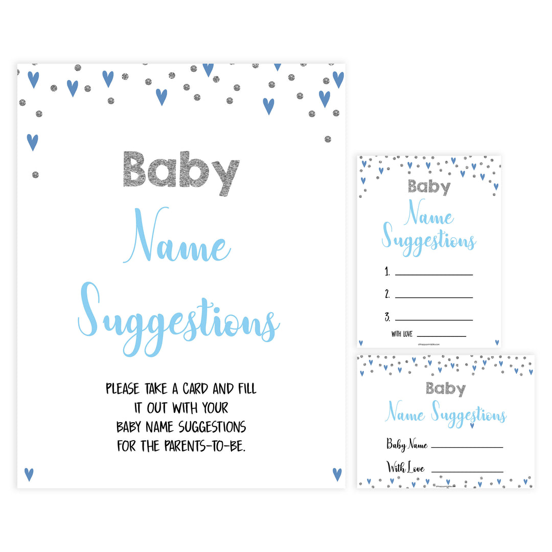 baby name suggestion game, baby names game, Printable baby shower games, small blue hearts fun baby games, baby shower games, fun baby shower ideas, top baby shower ideas, silver baby shower, blue hearts baby shower ideas