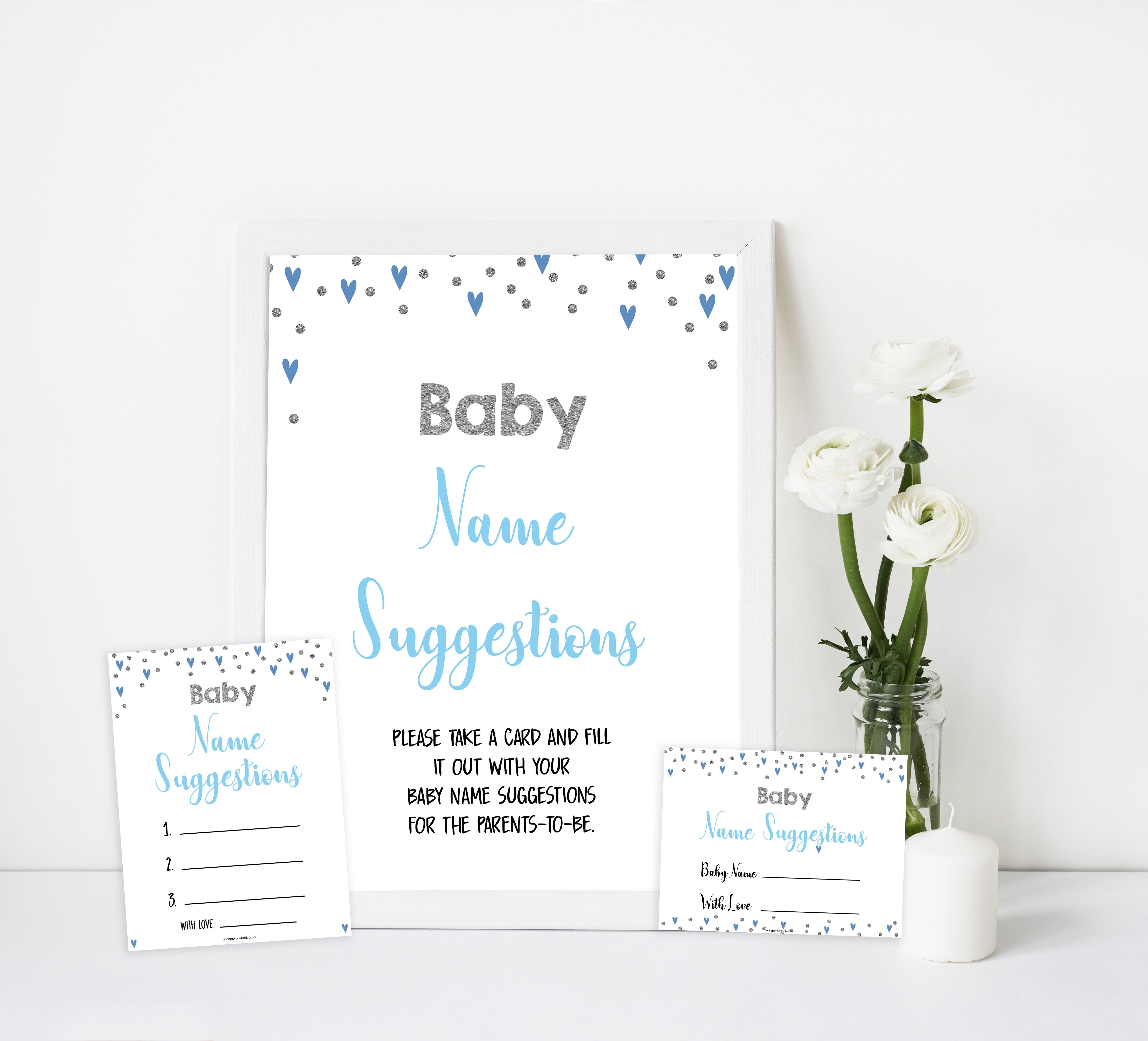 baby name suggestion game, baby names game, Printable baby shower games, small blue hearts fun baby games, baby shower games, fun baby shower ideas, top baby shower ideas, silver baby shower, blue hearts baby shower ideas