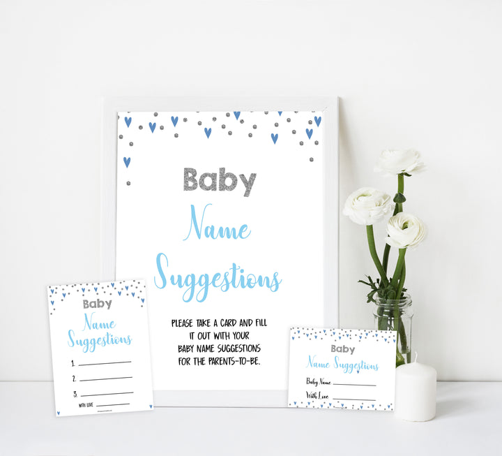 baby name suggestion game, baby names game, Printable baby shower games, small blue hearts fun baby games, baby shower games, fun baby shower ideas, top baby shower ideas, silver baby shower, blue hearts baby shower ideas